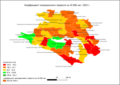 Картограмма «Коэффициент миграционного прироста на 10 тыс. чел. населения по муниципальным образованиям Краснодарского края в 2023 г». (составлена автором по источнику [1])