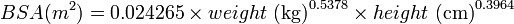 Описание: {BSA (m^2)}=0.024265 \times {weight \mbox{ (kg)}}^{0.5378} \times {height \mbox{ (cm)}}^{0.3964}