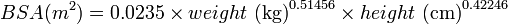 Описание: {BSA (m^2)} = 0.0235 \times weight \mbox{ (kg)}^{0.51456} \times height \mbox{ (cm)}^{0.42246} 