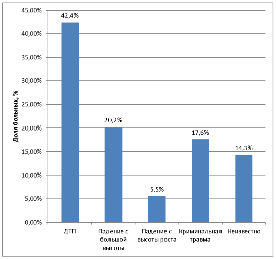 Механизм получения травмы у пострадавших с ЧМТ, %