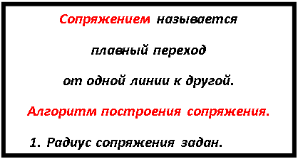 Подпись: Сопряжением называется
плавный переход
от одной линии к другой.
Алгоритм построения сопряжения.
1. Радиус сопряжения задан.
2. Находим центр сопряжения.
3. Находим точки сопряжения.
4. Выполняем сопряжение.
