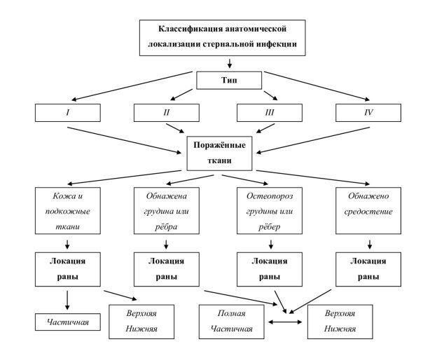 Блок-схема № 1. Классификация анатомической локализации стернальной инфекции