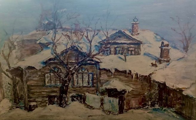 Репродукция картины Анатолия Борисовича Джерелиевского, написанная до 1980-го года по описаниям Тамары Леонидовны Джерелиевской (урождённой Рюне). Деревянный двухэтажный домик, где обосновался Леонид Александрович с семьёй по адресу: Москва, Новокузнецкая улица, дом № 10.