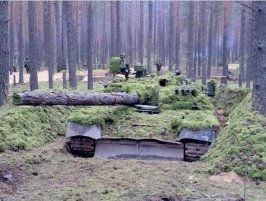 Танк, замаскированный под макет из местных предметов