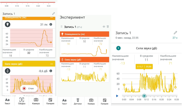 Проведение эксперимента при помощи приложения Arduino Science Journal