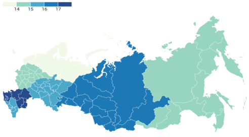 Средневзвешенная процентная ставка по кредитам на срок свыше 1 года, выданным в 2024 году в разрезе федеральных округов (% годовых)