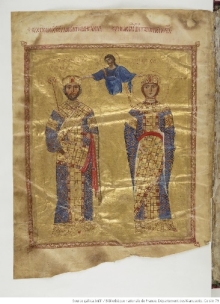 Христос коронует Никифора III и Марию Аланскую. Миниатюра Слов Иоанна Златоуста. Париж, Национальная библиотека Франции. 1078–1081 гг. [8]