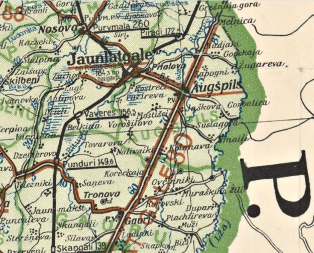 Аугшпилс (Вышгородок) и Яунлатгале (Пыталово) на латвийской карте 1935 года