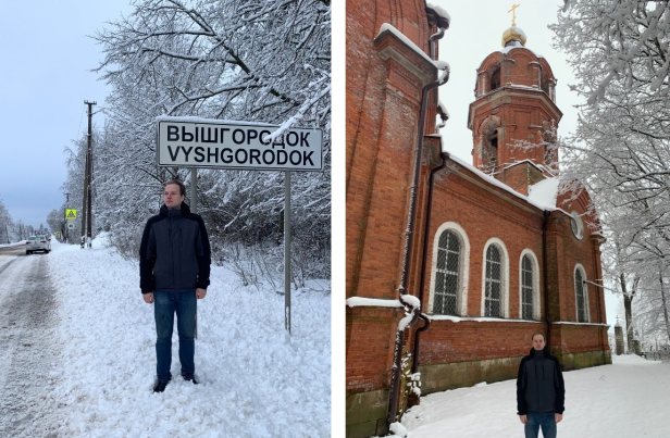 Сергей Тамби в Вышгородке. Справа — храм Святых мучеников Бориса и Глеба. Вышгородок, 2 января 2021 года