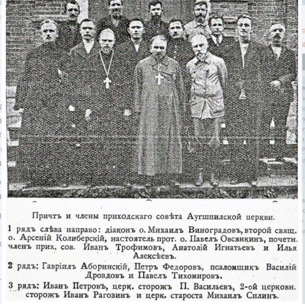 Псаломщик Василий Фёдорович Дроздов (второй ряд, третий слева) и другие члены приходского совета Аугшпилской церкви Святых мучеников Бориса и Глеба
