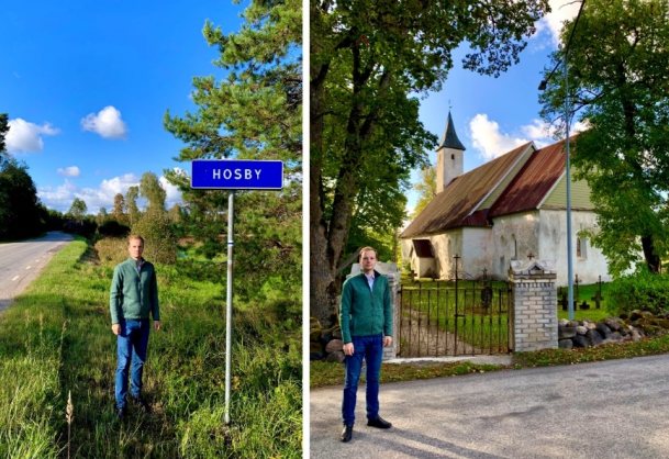 Сергей Тамби в путешествии по волости Ляэне-Нигула. Деревня Хусбю (Hosby), где ранее жили прибрежные эстонские шведы. Ранее топоним Тамби имел, вероятно, такое же окончание — «by» (Тамбю; Tamby). Справа — лютеранская Ноароотсиская церковь Святой Екатерины. Уезд Ляэнемаа, Эстонская Республика, 14 сентября 2019 года. Источник: фотографии из архива С. А. Тамби