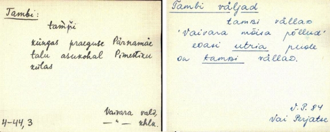Карточки с информацией: слева — о холме Тамби (Tambi küngas), справа — о полях Тамби (Tambi väljad). Картотека топонимов Института эстонского языка. Источник: Eesti Keele Instituudi kohanimekartoteek. https://arhiiv.eki.ee/kohanimed