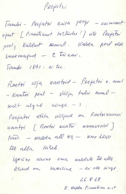 Карточка с информацией о деревнях Перьятси, Тамби и Шведском валу. Картотека топонимов Института эстонского языка. Источник: Eesti Keele Instituudi kohanimekartoteek. https://arhiiv.eki.ee/kohanimed