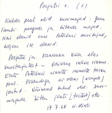 Карточка с информацией о домах семейства Яана Тамби (Jaan Tambi) в деревне Перьятси. Картотека топонимов Института эстонского языка. Источник: Eesti Keele Instituudi kohanimekartoteek. https://arhiiv.eki.ee/kohanimed