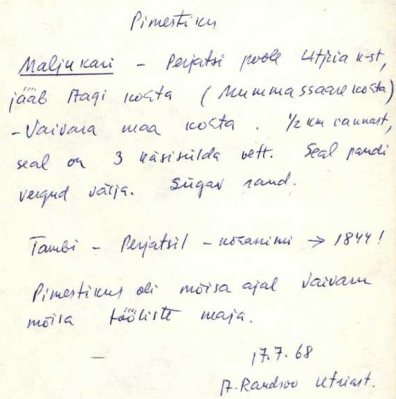 Карточка с информацией о деревнях Пиместику и Тамби. Картотека топонимов Института эстонского языка. Источник: Eesti Keele Instituudi kohanimekartoteek. https://arhiiv.eki.ee/kohanimed
