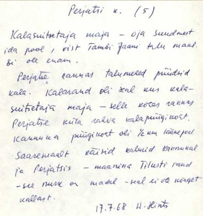 Карточка с информацией о доме коптильщика рыбы, находившемся к востоку от устья ручья, возможно — на земле хутора Яана Тамби (Jaan Tambi). Картотека топонимов Института эстонского языка. Источник: Eesti Keele Instituudi kohanimekartoteek. https://arhiiv.eki.ee/kohanimed