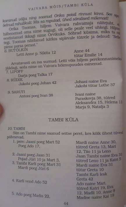 Страница из книги краеведа Вирве Орав с информацией о деревне Тамби (сведения представлены всего лишь на трёх страницах этой книги). Источник: Orav V. Vaivara kodu-uurija pilguga. Tallinn, 1998. Lk. 44–47