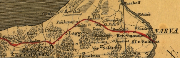 Деревня Тамби на фрагменте карты 1844 года. Источник: Eesti Rahvusarhiiv. EAA.46.2.2. Generalkarte von Ehstland, in 2 Blättern mit Unterstützung Vereins der Merino zucht zu Orrenhoff. 25 Werst = 10,5 cm. Kartograaf: Johann Heinrich Schmidt (Estl. Forst. Geom. Colleg. Registr.), 1844
