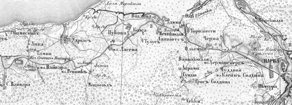 Деревня Тамби (ошибочно указана как «Тамви») на фрагменте карты 1862 года. Источник: Военно-топографическая карта Российской империи Ф. Ф. Шуберта. Масштаб: 3 версты в 1 дюйме. Ряд III, Лист 7 — Эстляндская и Санкт-Петербургская губернии, 1862