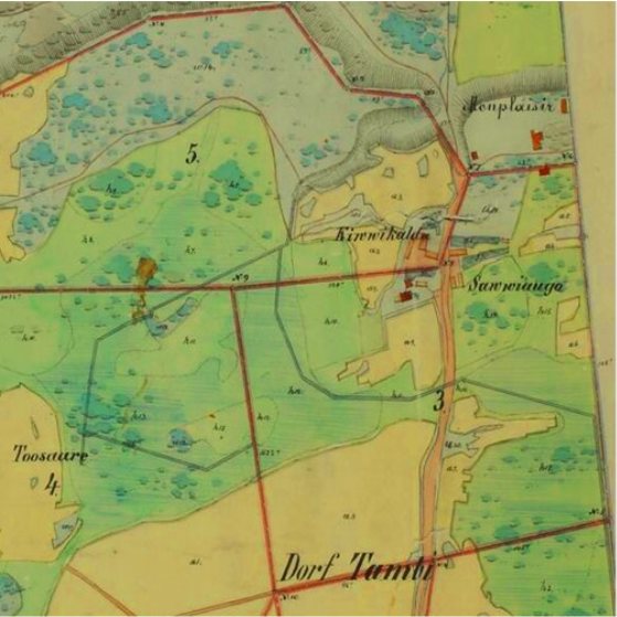 Фрагмент немецкой карты 1868 года, на которую нанесена деревня Тамби (нем. — Dorf Tamby). Источник: Eesti Rahvusarhiiv. EAA.3724.4.1805. Specialkarte von dem Bauerpachtlande und einem Theile des Hofslandes zum privaten Gute Waiwara im Gouvernement Ehstland und Wierländischen Kreise belegen, 1868