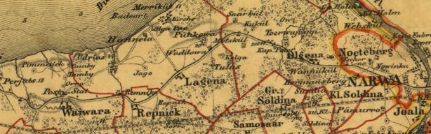 Два местечка Тамби (Tamby) на фрагменте немецкой карты 1876 года. Источник: Karte von Ehstland: mit den Kreis-, Polizeidistricts- und Guts- Grenzen so wie den Plänen der Städte. Kartograaf: Johann Heinrich Schmidt, Geographisch-litographisches Institut v. J. Sulzer, Franz Kluge (kirjastus Revalis), 1876