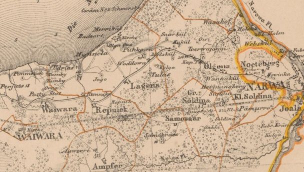 Два местечка Тамби (Tamby) на фрагменте немецкой карты 1884 года. Источник: Eesti Rahvusarhiiv. ERA.T-6.3.1127. Karte von Ehstland mit den Kreis-, Polizeidistricts-und Guts-Grenzen so wie den Plänen der Städte, neu umgearbeitet und herausgegeben von Hofrath J. H. Schmidt. Viis versta ühes inglise tollis. 1:210000. Kartograaf: Johann Heinrich Schmidt (Eestimaa kubermangu revident). Zweite Auflage, Reval: Verlag von Franz Kluge, 1884