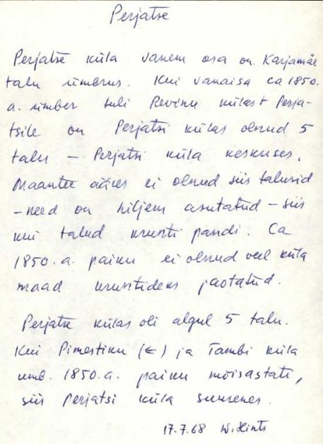 Карточка с информацией о деревнях Перьятси и Тамби. Картотека топонимов Института эстонского языка. Источник: Eesti Keele Instituudi kohanimekartoteek. https://arhiiv.eki.ee/kohanimed