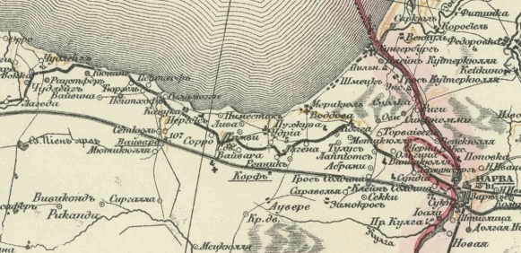 Деревня Тамби (ошибочно указана как «Тамви») на фрагменте карты 1868 года. Источник: Карта И. А. Стрельбицкого. Лист 26. Издание 1905 года