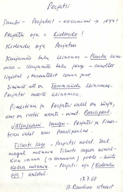 Карточка с информацией о деревнях Перьятси и Тамби. Картотека топонимов Института эстонского языка. Источник: Eesti Keele Instituudi kohanimekartoteek. https://arhiiv.eki.ee/kohanimed