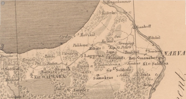 Деревня Тамби на фрагменте карты 1844 года. Источник: Eesti Rahvusarhiiv. EAA.46.2.2. Generalkarte von Ehstland, in 2 Blättern mit Unterstützung Vereins der Merino zucht zu Orrenhoff. 25 Werst = 10,5 cm. Kartograaf: Johann Heinrich Schmidt (Estl. Forst. Geom. Colleg. Registr.), 1844