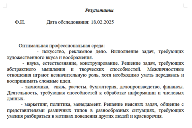 Результаты методики Голланда для обследуемого
