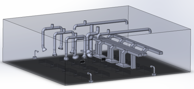 Трехмерная модель литейного цеха с применением системы общеобменной вентиляции, созданная в Solid-Works