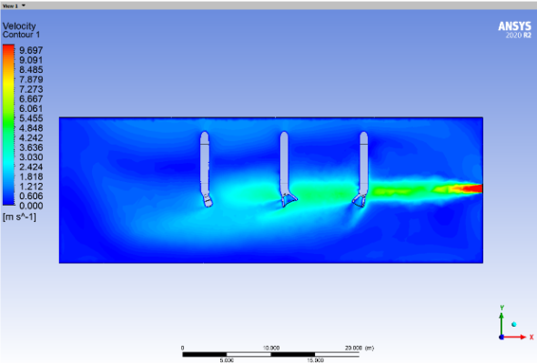 Поле распределение скоростей в вертикальной плоскости сечения у приточной решетки
