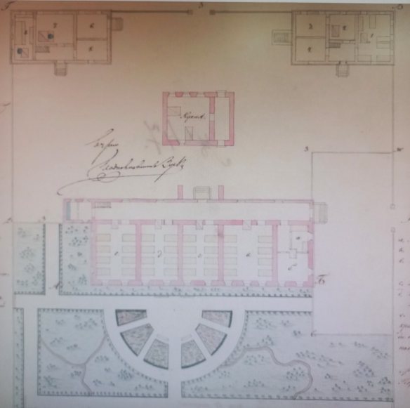 Фрагмент плана 1835 г. Проектный чертеж перестройки бывшего тюремного корпуса под городскую больницу. Автор: Пермский губернский землемер Я. Киттары [15, л. 2]