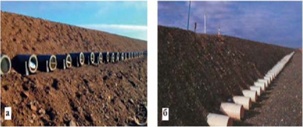 Поперечные вентилируемые трубы в основании земляного полотна Цинхай-Тибетской ж. д. на участках ладистых грунтов: а — пластиковые, б — железобетонные, автоматически закрывающиеся крышками (фото профессора Ню Фуджина)