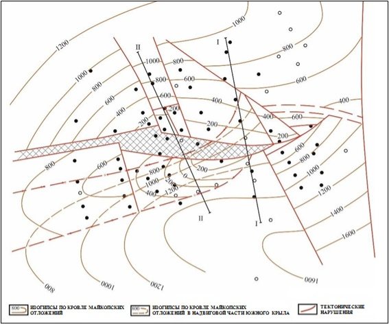 Структурная карта по кровле майкопских отложений [2, с. 84]