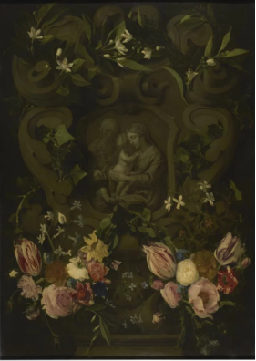 Сегерс Даниель, Квеллин Эразм II, «Мадонна с младенцем Христом, святая Елизавета и Иоанн Креститель, окруженные цветами», около 1650. ГМИИ им. А. С. Пушкина. Медь, масло. 84х61 см