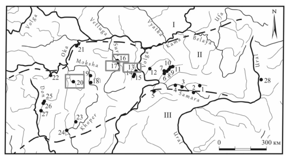 Местонахождение «жилищ» лесостепного Поволжья: 13 — Луговое III; 16 — Утюж I; 17 — Вьюново озеро I; 20 — Имерка VII [9, с. 29]