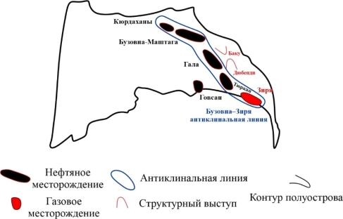 Схема размещения месторождений, структурных выступов и антиклинальных поднятий в восточной части Апшеронского полуострова