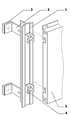На рисунке показан процесс установки отделочного материала. 1 — направляющая, 2 — кронштейн, 3 — терморазрывфиксирующий элемент № 4 и облицовочная кассета № 5
