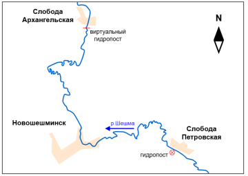 Схема расположения гидропоста и виртуального гидропоста на русле реки Шешма