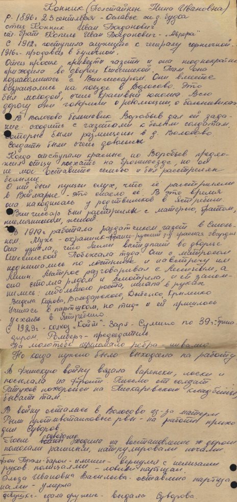 Воспоминания Нины Ивановны Конник (Полстайнен), в которых она рассказывает о своём знакомстве с Яном Вингиссаром в петроградском особняке Матильды Кшесинской. Источник: Конник Н. И. Рукопись. Места хранения: Волосовская гор. центральная библиотека, Историко-краеведческий музей г. Волосово