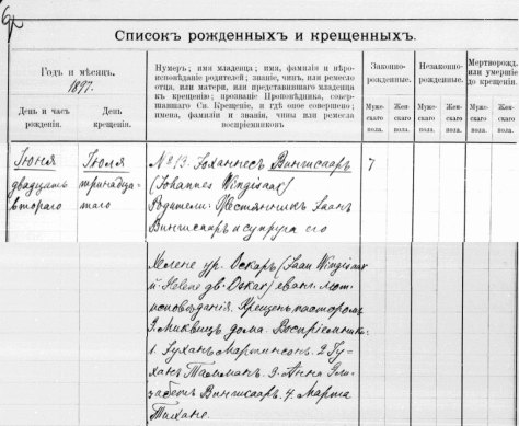 Фрагменты листов метрической книги Яановского лютеранского прихода г. Феллина (Вильянди) о рождении 22 июня 1897 года некоего Йоханнеса Иоанновича Вингисара (не героя нашего исследования), служившего в годы Великой Отечественной войны майором в Красной Армии. Источник: Eesti Rahvusarhiiv. EAA.3149.1.41. Lk. 6–7. Viljandi Jaani kogudus. Meetrikaraamat, 1897