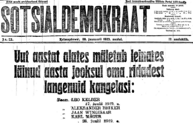 Фрагмент некролога, опубликованный в таллинской газете «Социал-демократ» со сведениями о гибели 26 июля 1919 года некоего Яана Вингиссара (не героя нашего исследования). Источник: Sotsialdemokraat. 1920. № 22. 28 jaan. Lk. 4