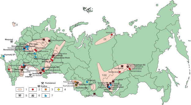 Соленосные провинции, предприятия, добывающие и перерабатывающие соляные продукты: 1 — соленосные бассейны (I — Предкавказский, II — Калининградский [часть Центрально-Европейского], III — Московский, IV — Прикаспийский, V — Приуральский [Верхнекамский], VI — Южно-Сибирский [Барабино-Кулундинский], VII — Минусинский, VIII — Восточно-Сибирский [Ангаро-Ленский], IX — Хатангский), 2–4 — месторождения (2 — каменной соли, 3 — самосадочной [озерной] поваренной соли, 4 –сульфатов натрия), 5, 6 — горнодобывающие предприятия, реализующие минеральные соли (5 — действующие, 6 — остановленные), 7 — химические предприятия по переработке соляного сырья [2]