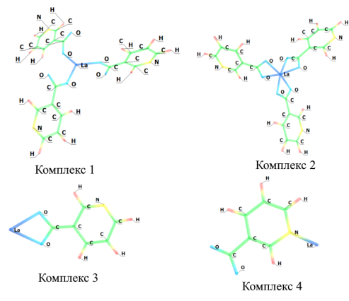 Комплекс 1 (КЧ=3, мостиковая координация через О); комплекс 2 (КЧ=3, бидентатная О,О-координация); комплекс 3 (КЧ=1, бидентатная О,О-координация); комплекс 4 (КЧ=1, координация через N)