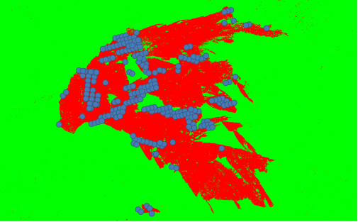 Пространственное совпадение активных очагов пожара (Active Fire Detection) с горящими территориями (Burned Area), обнаруженных спутником MODIS