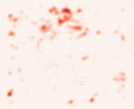 Пространственная концентрация активных очагов пожаров в Каркаралинском районе и на приграничных территориях за последние 5 лет (Heatmap, радиус 5 км)