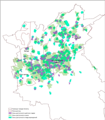 Зоны доступности социальных объектов относительно полицентров