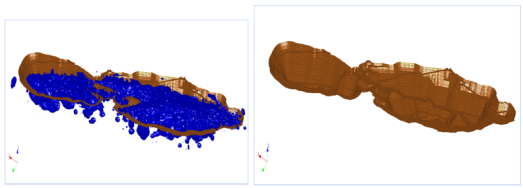 Цифровая трехмерная модель карьера и рудного тела, построенного на основе геологических данных и топографических сечений